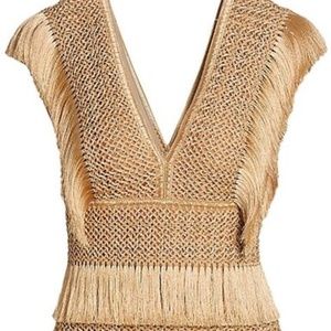 New PatBo Fringe Crochet V-Neck Gold Midi Dress Size 6 (See Description)